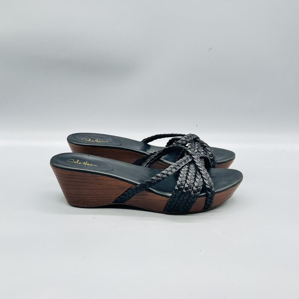 Cole Haan Sandals Womens 8.5 Black Leather Braided Strap Slide Wedge Shoes
